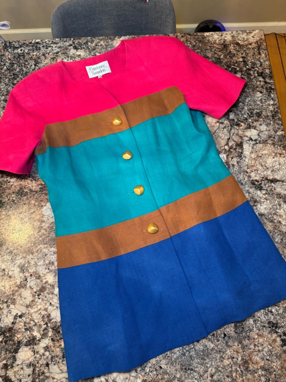 Vintage 1980s Constance Saunders Colorblock Shell in Bright Pink, Blue, & Brown